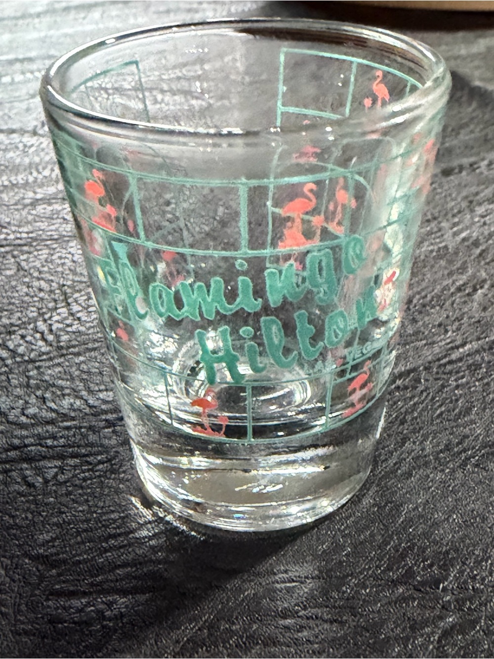 Vintage Flamingo Hilton Glass Shot Glass - Green and Pink
